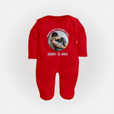 Funny First Father's Day Full Sleeve Bodysuit/Sleep Suit | I Get My Looks from Dad Custom Set - RED - New Born (Chest 7.5")