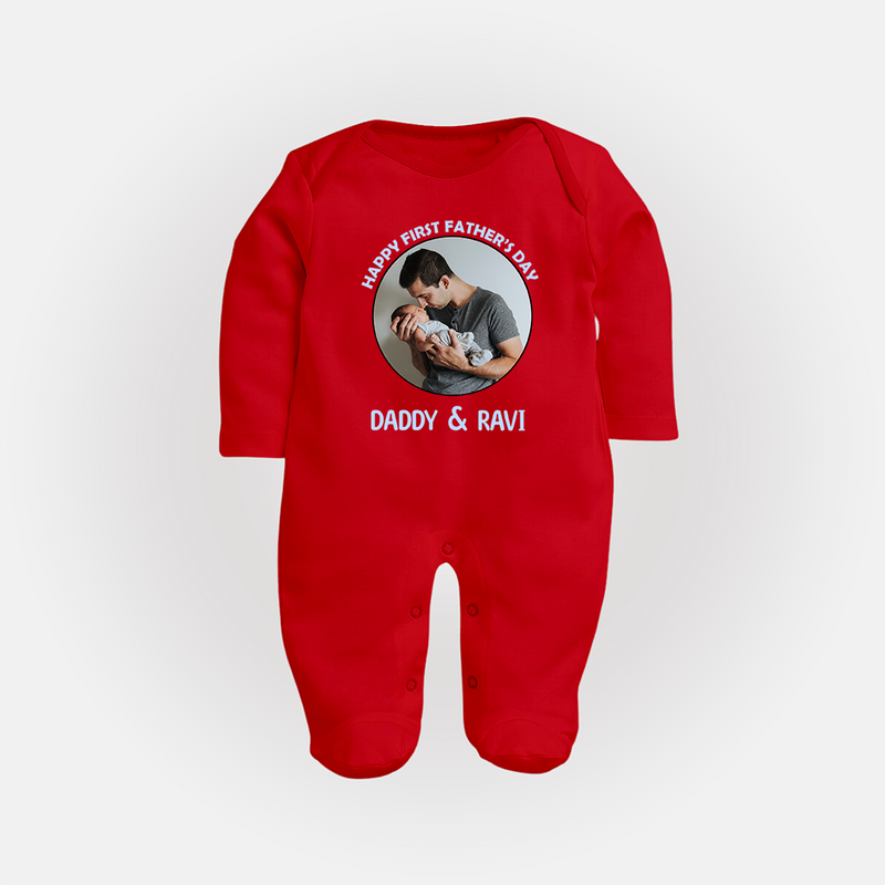 Funny First Father's Day Full Sleeve Bodysuit/Sleep Suit | I Get My Looks from Dad Custom Set - RED - New Born (Chest 7.5")