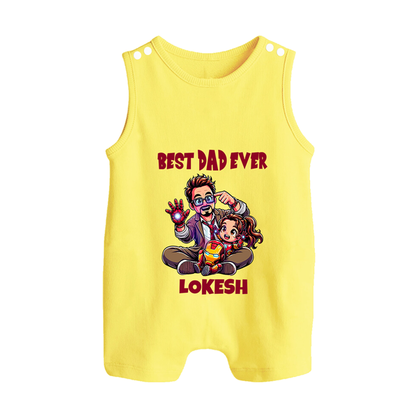 Dad You Are My Hero Print  Custom Baby Button Romper - PASTEL YELLOW - New Born (Chest 18")