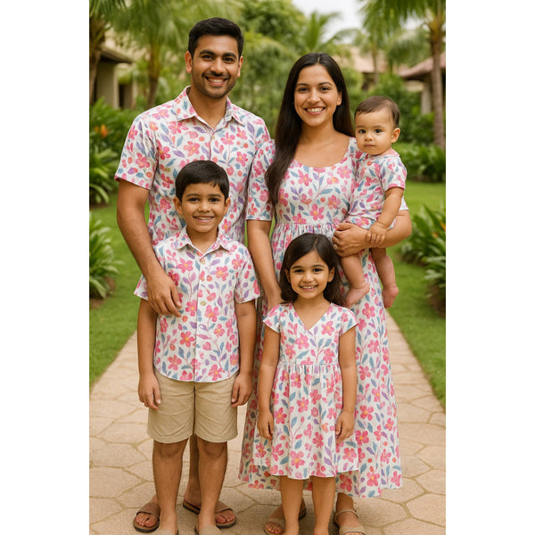 "Blush Garden Family Outfit Set – coordinated pink floral outfits for dad, mom, boy, girl, and baby"