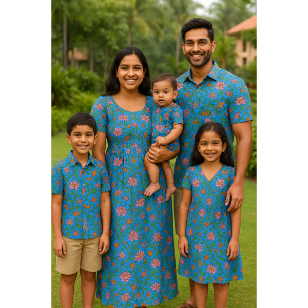 Indian family wearing matching FLORAL PATTERN outfits – dad in shirt, mom in maxi dress, son in shirt, daughter in dress, baby in romper.