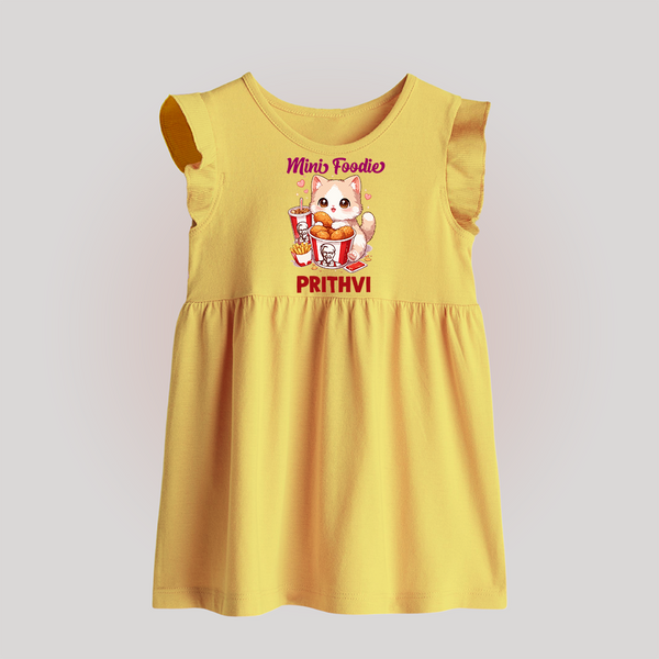Mini Foodie Cat Lover Baby Frock - PASTEL YELLOW - 0 - 3 Months Old (Chest 17")