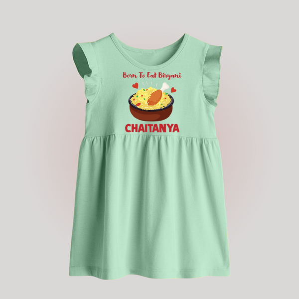 Born To Eat Biryani Baby Frock - MINT GREEN - 0 - 3 Months Old (Chest 17")