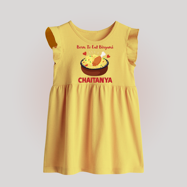 Born To Eat Biryani Baby Frock - PASTEL YELLOW - 0 - 3 Months Old (Chest 17")