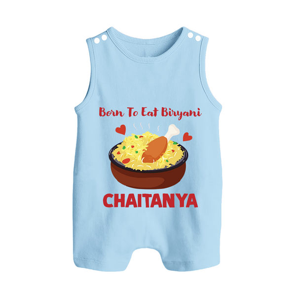 Born To Eat Biryani Button Romper - BABY BLUE - New Born (Chest 18")