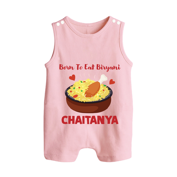 Born To Eat Biryani Button Romper - BABY PINK - New Born (Chest 18")