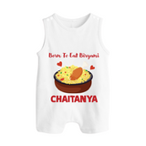 Born To Eat Biryani Button Romper - WHITE - New Born (Chest 18")
