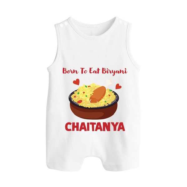 Born To Eat Biryani Button Romper - WHITE - New Born (Chest 18")