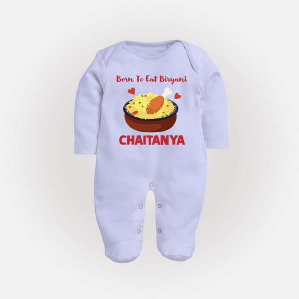 Born To Eat Biryani Full body suit - BABY BLUE - New Born (Chest 7.5")