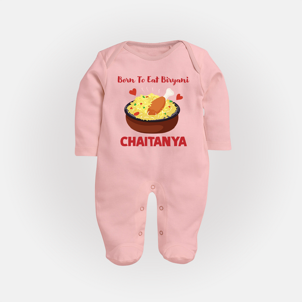 Born To Eat Biryani Full body suit - BABY PINK - New Born (Chest 7.5")