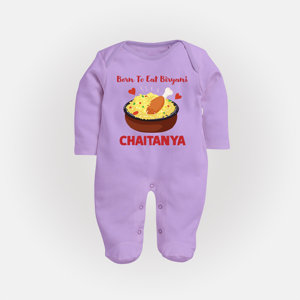Born To Eat Biryani Full body suit - LILAC - New Born (Chest 7.5")