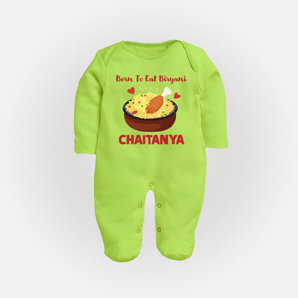 Born To Eat Biryani Full body suit - LIME GREEN - New Born (Chest 7.5")