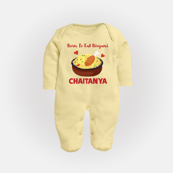 Born To Eat Biryani Full body suit - PASTEL YELLOW - New Born (Chest 7.5")