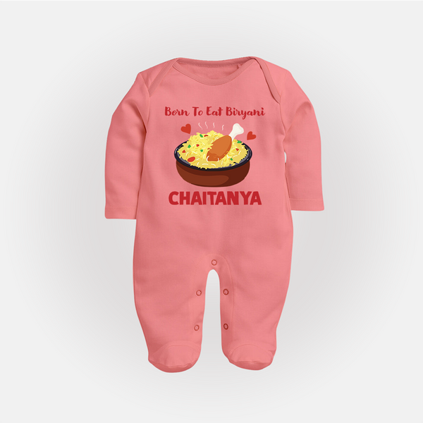 Born To Eat Biryani Full body suit - PEACH - New Born (Chest 7.5")