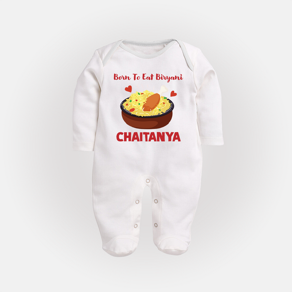 Born To Eat Biryani Full body suit - WHITE - New Born (Chest 7.5")