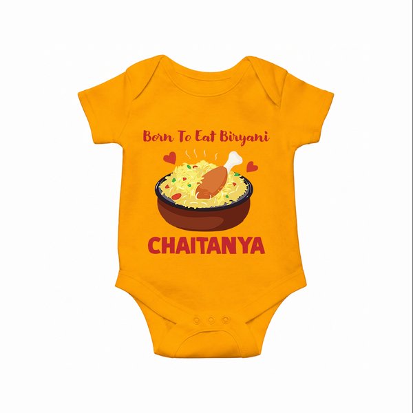 Born To Eat Biryani Romper - CHROME YELLOW - New Born (Chest 14")