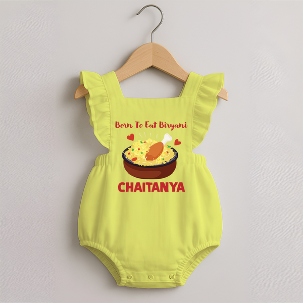 Born To Eat Biryani Romper Frock - PASTEL YELLOW - 0 - 3 Months Old (Chest 19")
