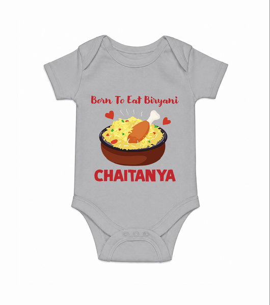 Born To Eat Biryani Romper - GREY - New Born (Chest 14")
