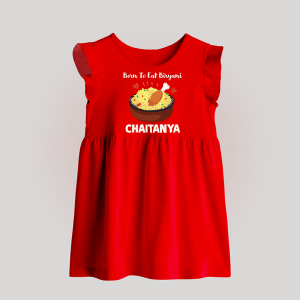 Born To Eat Biryani Baby Frock - RED - 0 - 3 Months Old (Chest 17")