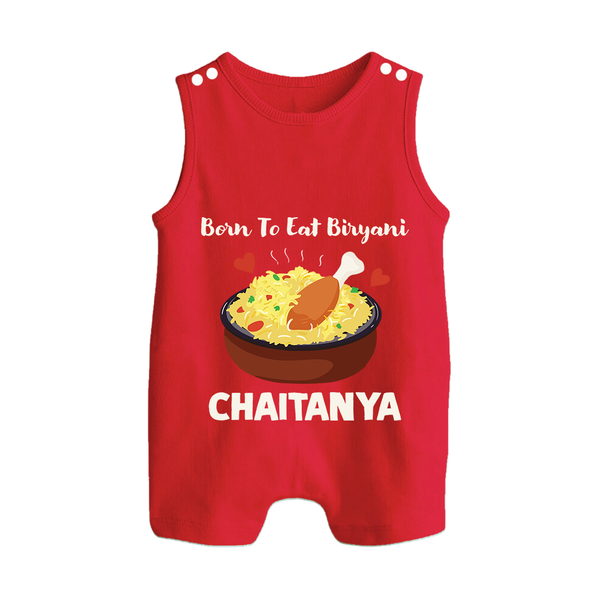 Born To Eat Biryani Button Romper - RED - New Born (Chest 18")