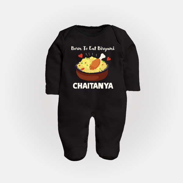 Born To Eat Biryani Full body suit - BLACK - New Born (Chest 7.5")