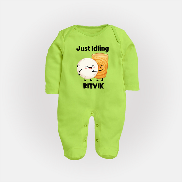 Just Idling South Indian Food Full body suit - LIME GREEN - New Born (Chest 7.5")
