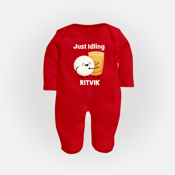 Just Idling South Indian Food Full body suit - RED - New Born (Chest 7.5")