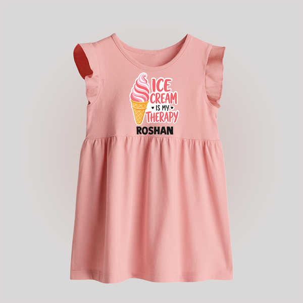 Ice Cream Is My Therapy Baby Frock - BABY PINK - 0 - 3 Months Old (Chest 17")