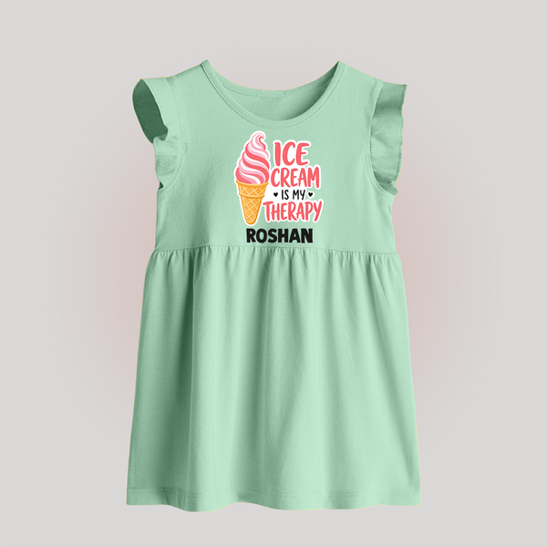 Ice Cream Is My Therapy Baby Frock - MINT GREEN - 0 - 3 Months Old (Chest 17")