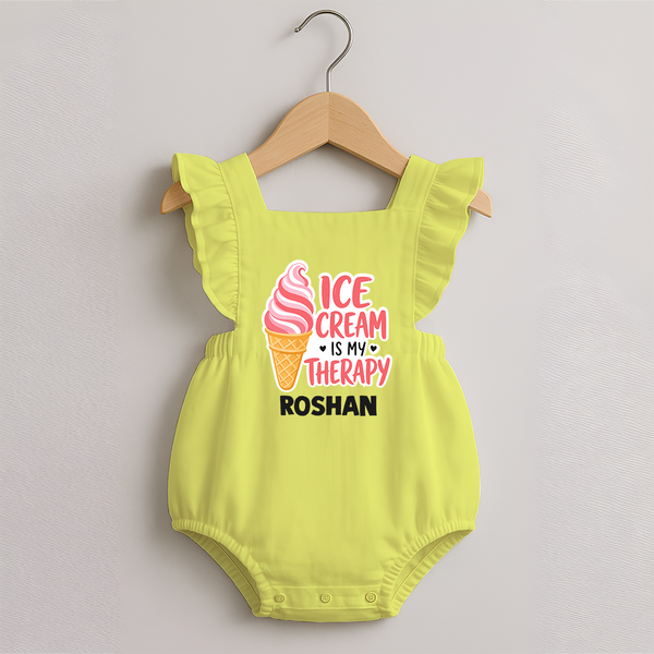 Ice Cream Is My Therapy Romper Frock - PASTEL YELLOW - 0 - 3 Months Old (Chest 19")
