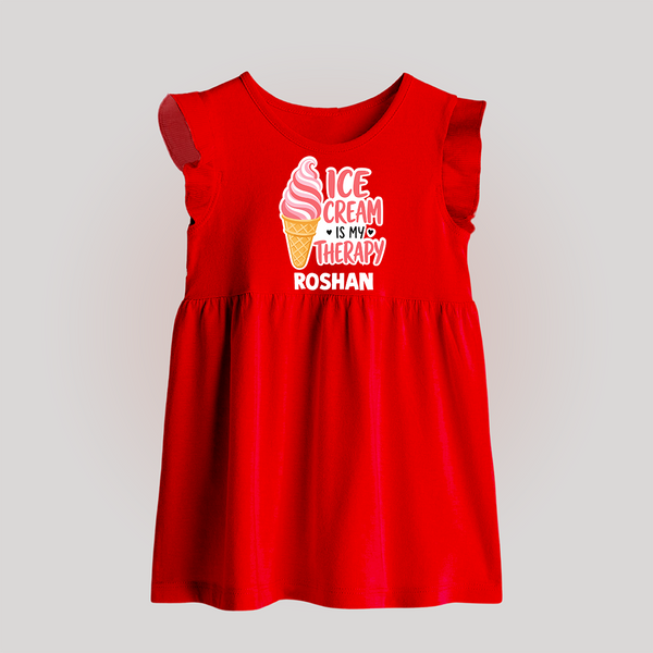 Ice Cream Is My Therapy Baby Frock - RED - 0 - 3 Months Old (Chest 17")