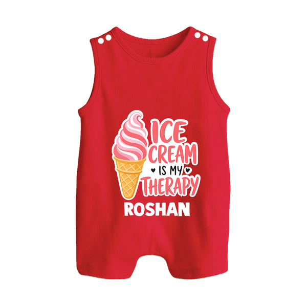 Ice Cream Is My Therapy Button Romper - RED - New Born (Chest 18")