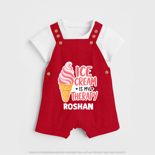 Ice Cream Is My Therapy Dungaree - RED - 0 - 5 Months Old (Chest 18")