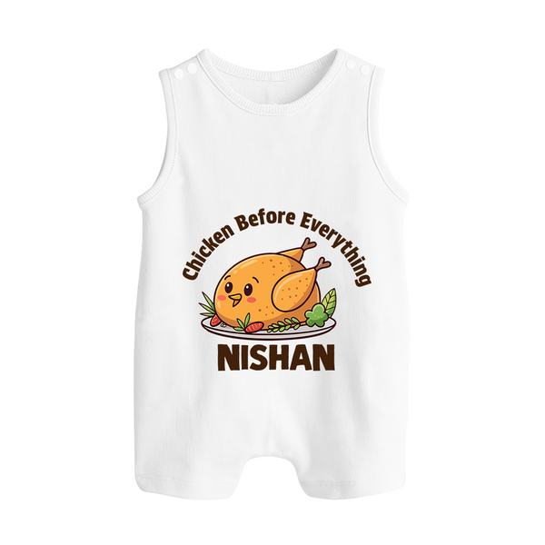 Chicken Lover Button Romper - WHITE - New Born (Chest 18")