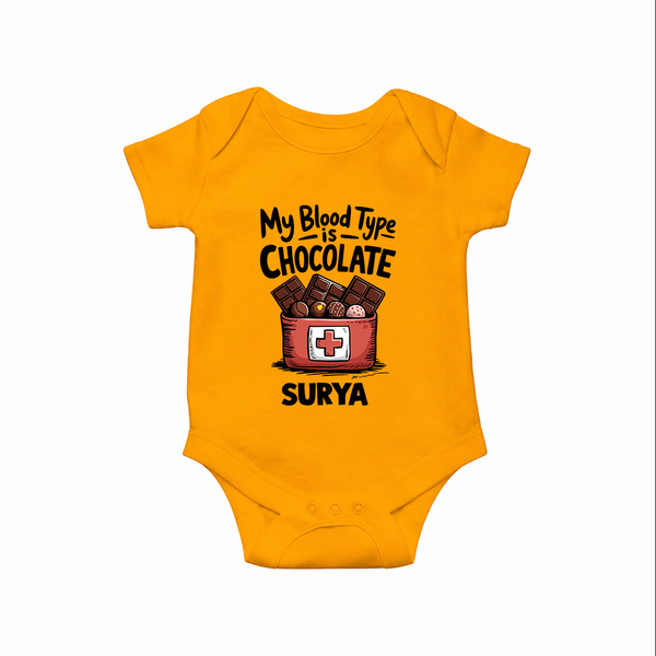 My Blood Type Is Chocolate Baby Romper - CHROME YELLOW - New Born (Chest 14")