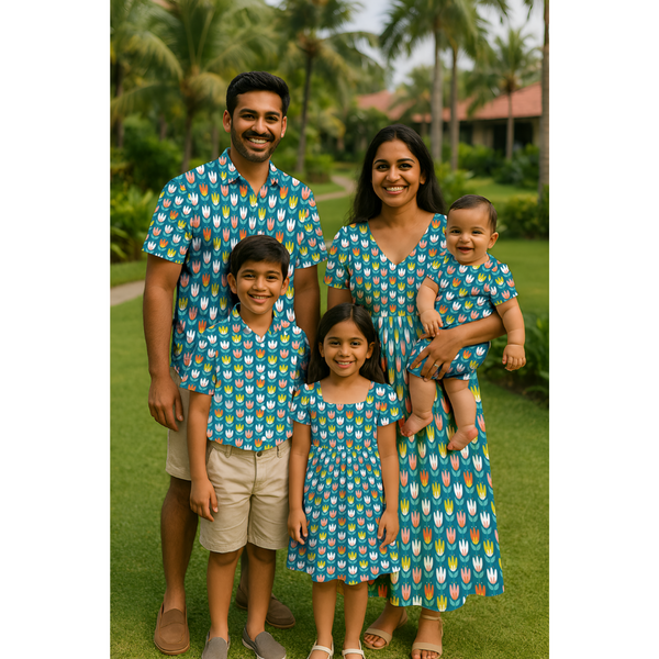 Family wearing matching floral motif outfits – dad in shirt, mom in maxi dress, kids in frock and shirts, and baby in romper.