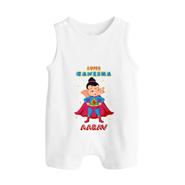 Super Ganesha Romper Suit / Sleeveless Romper | Personalized Baby Romper Suit / Sleeveless Romper for Ganesha Celebration - WHITE - 0 - 5 Months Old (Chest 18")