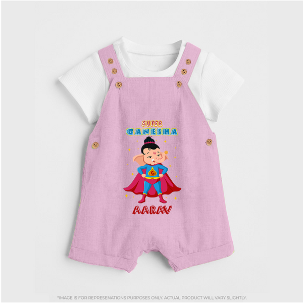 Super Ganesha Dungaree Set | Personalized Baby Dungaree Set for Ganesha Celebration - BABY PINK - 0 - 5 Months Old (Chest 18")