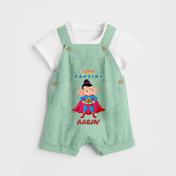 Super Ganesha Dungaree Set | Personalized Baby Dungaree Set for Ganesha Celebration - MINT GREEN - 0 - 5 Months Old (Chest 18")
