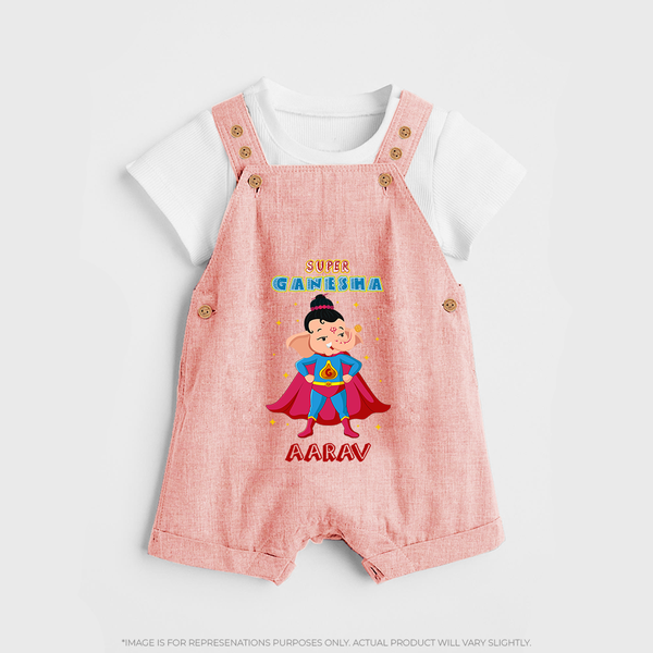 Super Ganesha Dungaree Set | Personalized Baby Dungaree Set for Ganesha Celebration - PEACH - 0 - 5 Months Old (Chest 18")