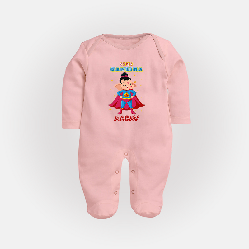 Super Ganesha Sleep Suit / Full Sleeve Body Suit | Personalized Baby Sleep Suit / Full Sleeve Body Suit for Ganesha Celebration - BABY PINK - New Born (Chest 7.5")