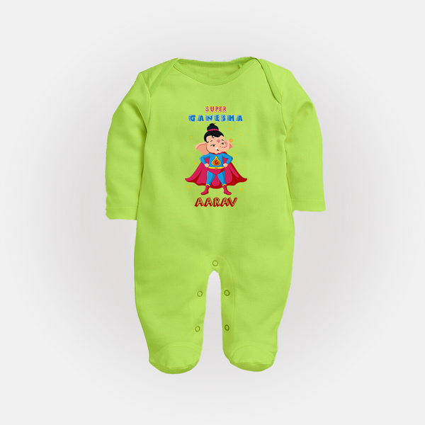 Super Ganesha Sleep Suit / Full Sleeve Body Suit | Personalized Baby Sleep Suit / Full Sleeve Body Suit for Ganesha Celebration - LIME GREEN - New Born (Chest 7.5")