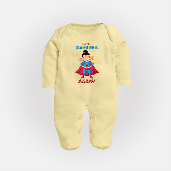 Super Ganesha Sleep Suit / Full Sleeve Body Suit | Personalized Baby Sleep Suit / Full Sleeve Body Suit for Ganesha Celebration - PASTEL YELLOW - New Born (Chest 7.5")