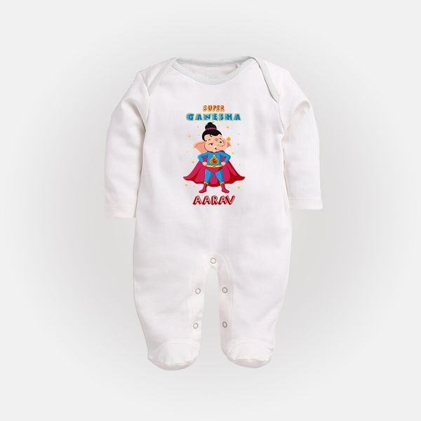 Super Ganesha Sleep Suit / Full Sleeve Body Suit | Personalized Baby Sleep Suit / Full Sleeve Body Suit for Ganesha Celebration - WHITE - New Born (Chest 7.5")