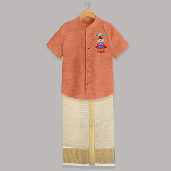 Super Ganesha Shirt and Dhoti | Personalized Baby Shirt and Dhoti for Ganesha Celebration - ORANGE - 0 - 6 Months Old (Chest-23") (Dhoti length-14")