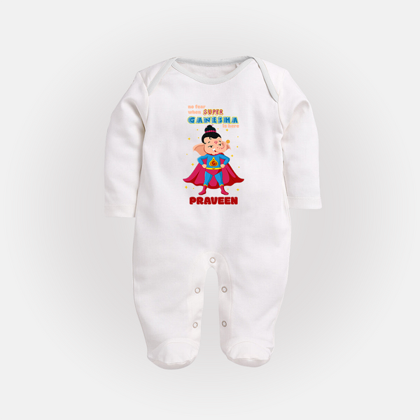 No Fear When Super Ganesha Is Here Sleep Suit / Full Sleeve Body Suit | Custom Baby Sleep Suit / Full Sleeve Body Suit for Ganesha Festival - WHITE - New Born (Chest 7.5")