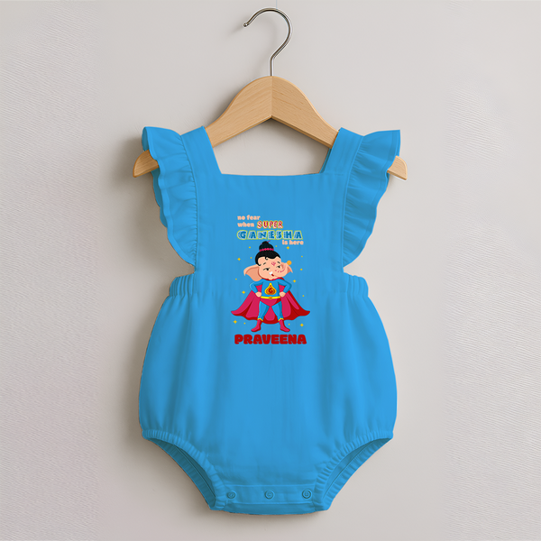 No Fear When Super Ganesha Is Here Romper Frock | Custom Baby Romper Frock for Ganesha Festival - SKY BLUE - 0 - 3 Months Old (Chest 19")