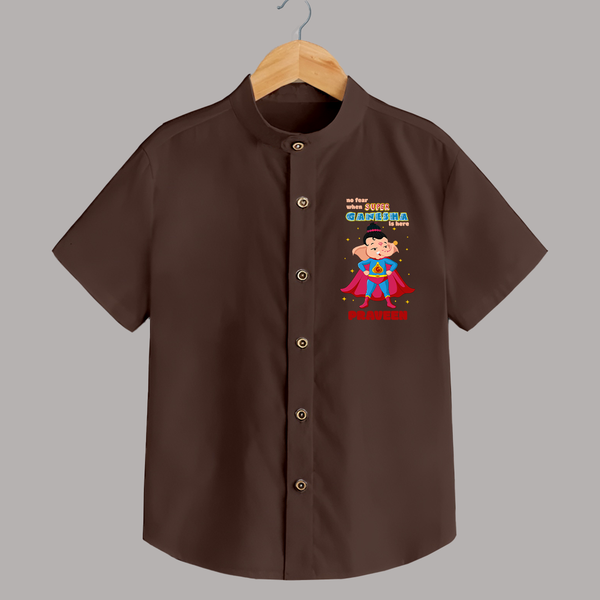 No Fear When Super Ganesha Is Here Shirt | Custom Baby Shirt for Ganesha Festival - CHOCOLATE BROWN - 0 - 6 Months Old (Chest 23")