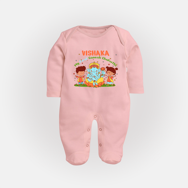 My First Ganesha Sleep Suit / Full Sleeve Body Suit | Personalized Baby Sleep Suit / Full Sleeve Body Suit for Ganesha Celebration - BABY PINK - New Born (Chest 7.5")