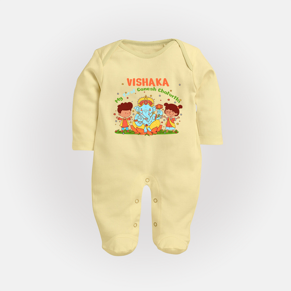 My First Ganesha Sleep Suit / Full Sleeve Body Suit | Personalized Baby Sleep Suit / Full Sleeve Body Suit for Ganesha Celebration - PASTEL YELLOW - New Born (Chest 7.5")